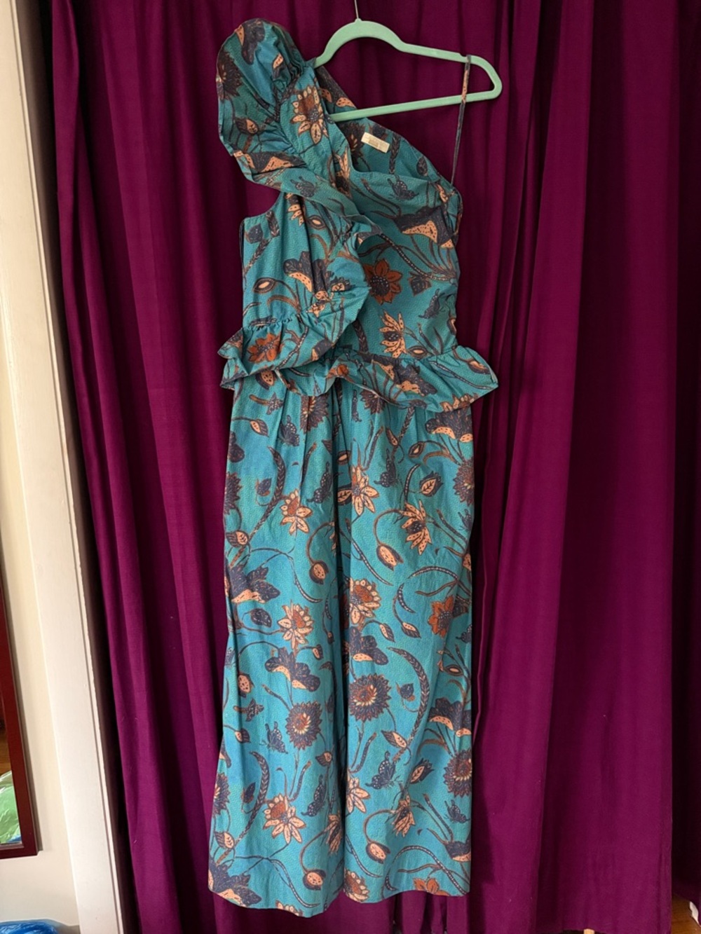 Ulla Johnson Women's Teal Floral One-Shoulder Jumpsuit 8